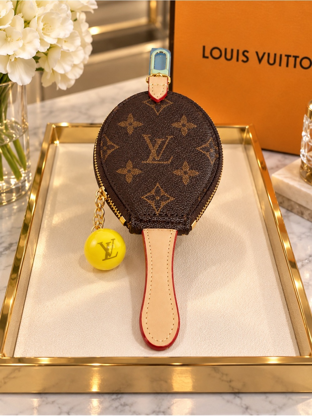 Brown Monogram Key Chain with Yellow Charm Ping Pong Paddle
